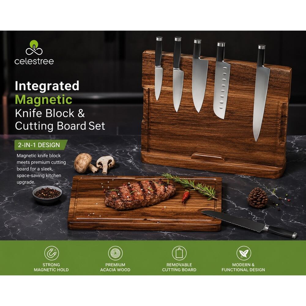 Celestree Magnetic Knife Block & Cutting Board Set Acacia Wood Kitchen Organizer